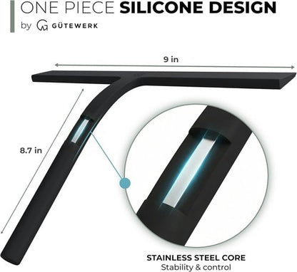 GÜTEWERK Silicone Shower Squeegee - Streak-Free Glass & Mirror Cleaner | 3-in-1 No-Drill Mount, Black, 9''