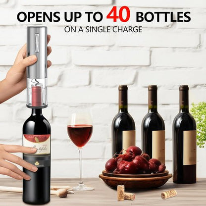 4-in-1 Rechargeable Electric Wine Opener Wine Aerator Gift Set with Electric Wine Decanter, Wine Stopper, Foil Cutter, Automatic Electric Wine Bottle Opener for Home Bar Parties, Stainless Steel