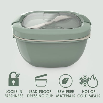 Bentgo Salad Container - 54 oz Leak-Proof Bowl with 4-Compartment Tray & Reusable Fork | BPA-Free Meal Prep (Khaki Green)