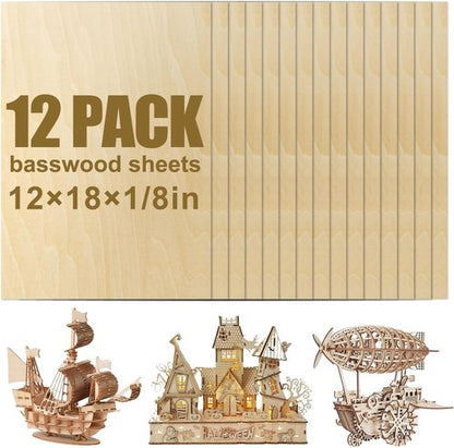 Basswood Sheets - 12 Pack 12x18x1/8 Inch | Unfinished Balsa Wood for Laser Cutting & DIY Crafts