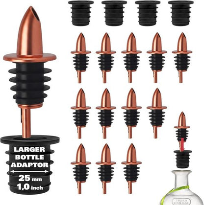 ESATTO 12 Pack Classic Bottle Pourers, Liquor Pourers for Alcohol, Olive Oil, Bartender Accessories Includes 4 Liquor Pourer Adapters for Large Neck Bottles such as Patron Don Julio Tequila (Copper)