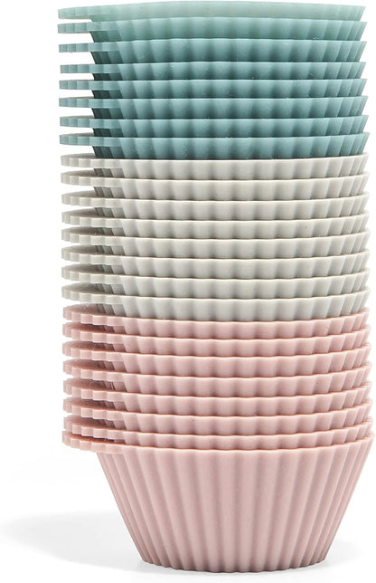 Skiennix Reusable Silicone Baking Cups - BPA-Free Muffin Liners, Mini Size, 24 Pack, Pink/Gray/Blue