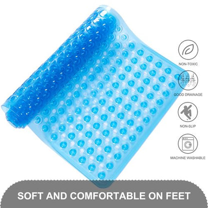 TEESHLY Bath Mat for Tub & Shower, Non Slip Soft Bathmat with Suction Cups & Drain Holes, Machine Washable Bathtub Floor Liner Mats for Bathroom, 35x16 Inch, Clear Blue