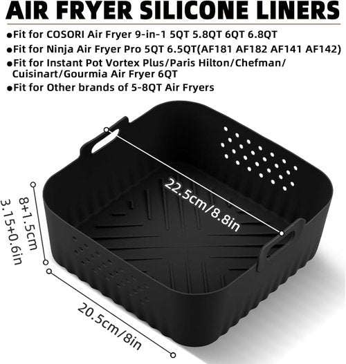 COSORI Air Fryer Silicone Liners - Reusable Square Liners for 5QT, 5.8QT, 6QT, 6.8QT | 2 Pack
