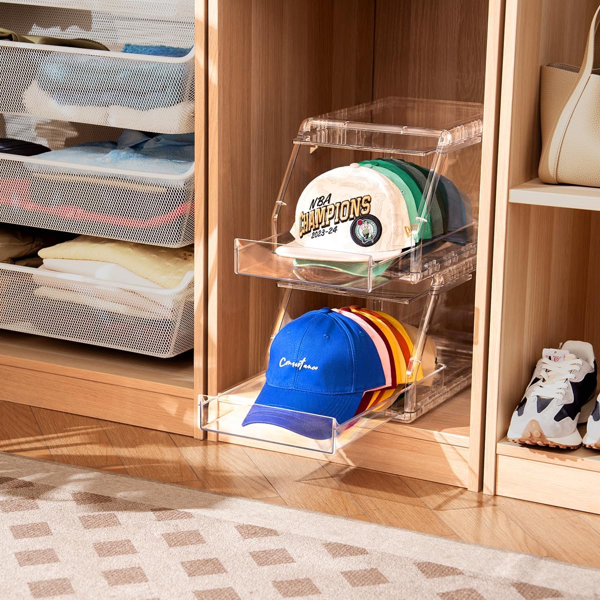 Ozueccr Hat Organizer - Stackable Clear Display Box for 15 Baseball Caps | Sliding Drawer & Anti-Slip Feet
