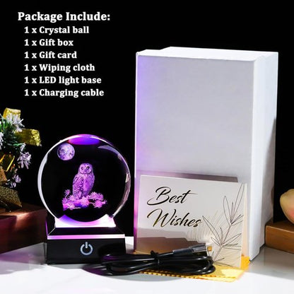 Arikyrist 3D Owl Crystal Ball Figurine - LED Base Night Light Gift for Owl Lovers | 80mm Decorative Glass Globe
