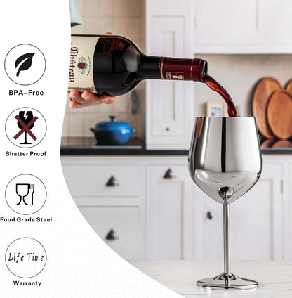 WOTOR Champagne Stoppers with Stainless Steel+Stainless Steel Wine Glasses Set of 4 (Silver)