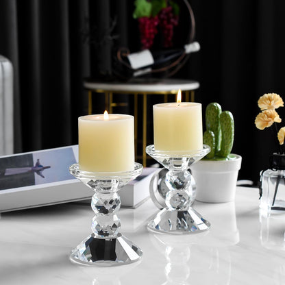 Skiennix 2-Pack Crystal Candle Holders - Elegant Clear Taper & Pillar Candlesticks | 4.9in Tall Home Decor
