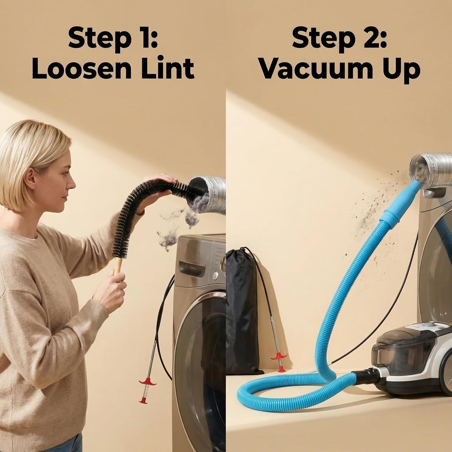3Pcs Dryer Vent Cleaner Kit - Flexible Lint Brush & Vacuum Attachment with Storage Bag
