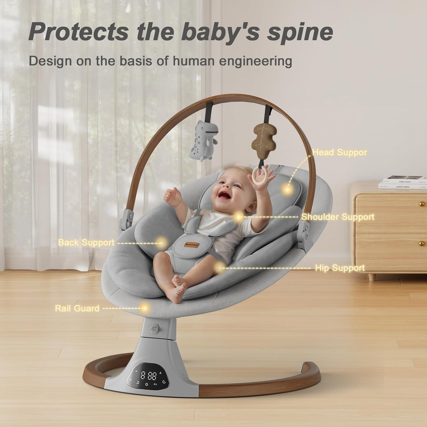Monamii Baby Swing - Bluetooth Infant Swing with Music Speaker, 5 Speeds & Remote Control | Light Grey