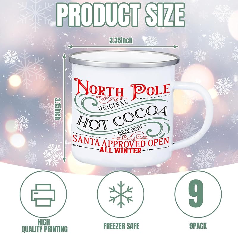 NORTH POLE 9 Pcs Enamel Mugs 12oz Coffee Cup with Handles - Christmas Set