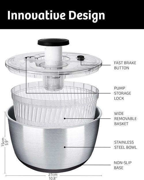 Lily&Stone Large Stainless Steel Salad Spinner - Quick Multi-Use Lettuce Dryer & Fruit Washer | 6.33 Qt