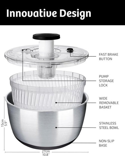 Lily&Stone Large Stainless Steel Salad Spinner - Quick Multi-Use Lettuce Dryer & Fruit Washer | 6.33 Qt