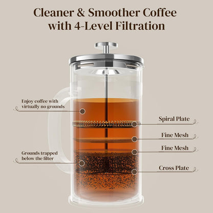 Veken French Press Coffee Maker - 34oz Heat Resistant Borosilicate Glass | Stainless Steel Brewer for Home & Travel