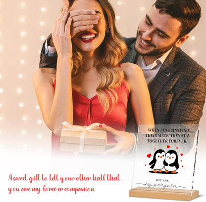 Romantic Penguin Acrylic Plaque - 5.9x5.9 Inch Clear Acrylic Home Decor | Perfect Gift for Couples