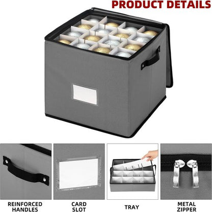 Inin Christmas Ornament Storage Box - Adjustable Dividers & Zippered Top | Holds 64 Balls, Gray with Tray