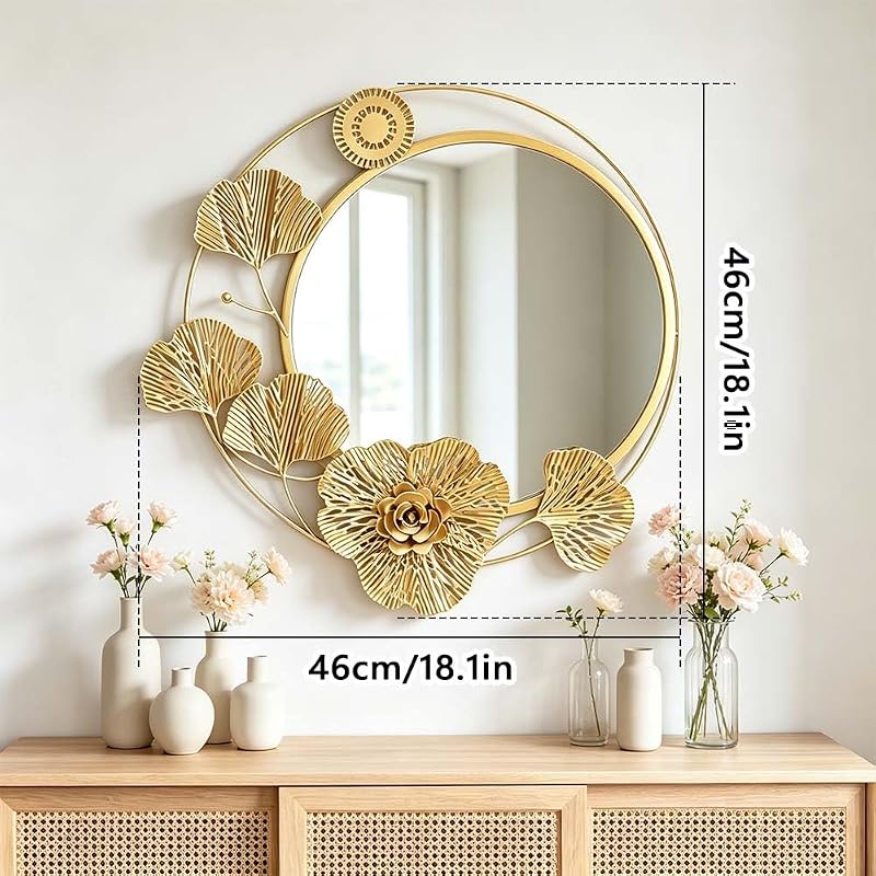 Gold 18" Round Wall Mirror with 3D Ginkgo Leaf Floral Frame