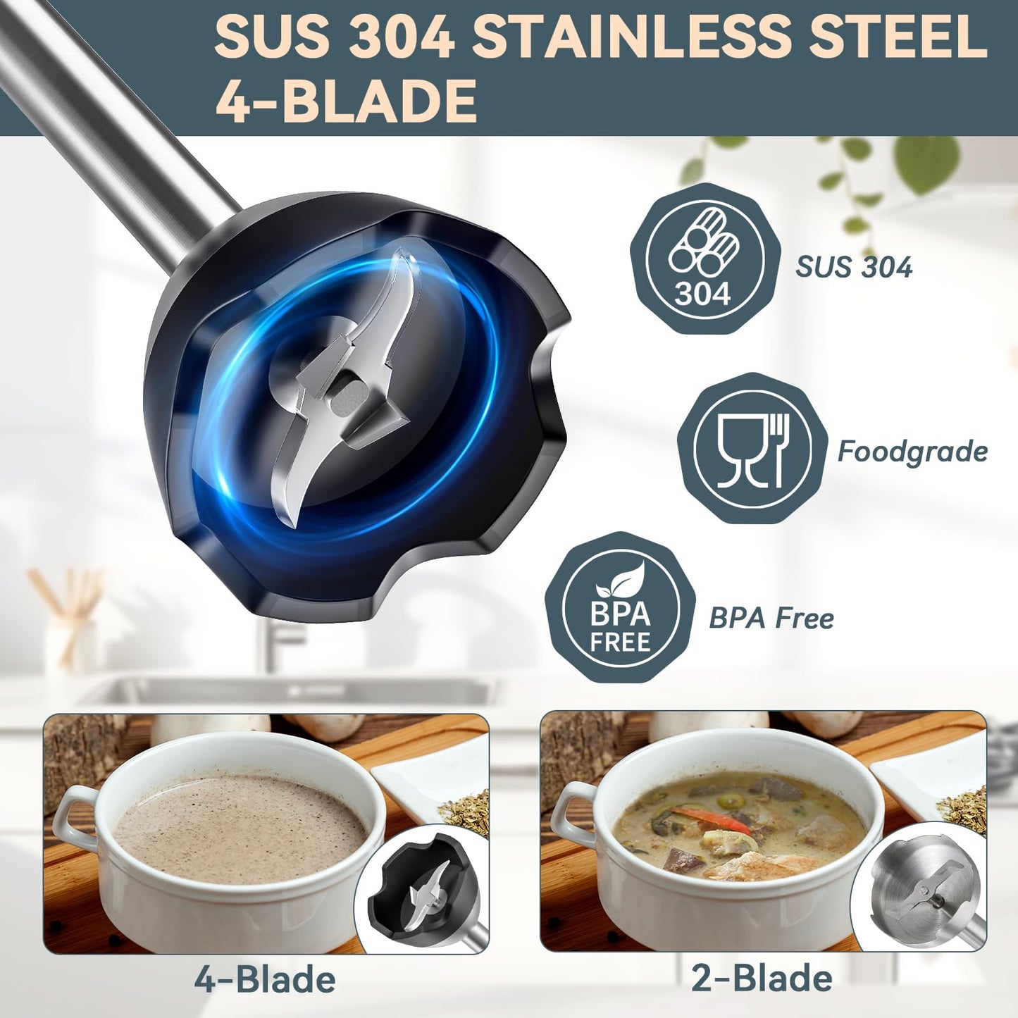 LINKChef 7 in 1 Immersion Blender Handheld, 800W Hand Blender Set, Scratch Resistant with 2 Titanium Steel Blades, 20 Speed and Turbo Mode, Includes Whisk, Milk Frother, Food Processor & Beaker