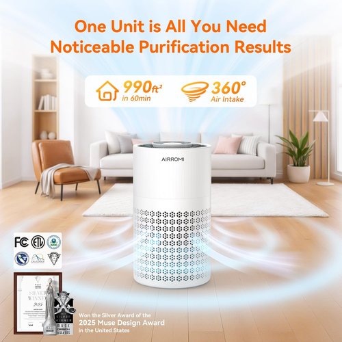 AIRROMI Air Purifier - HEPA 3-in-1 Filter for Bedroom | Covers Up to 990 Ft² - Quiet 360° Air Cleaner in White