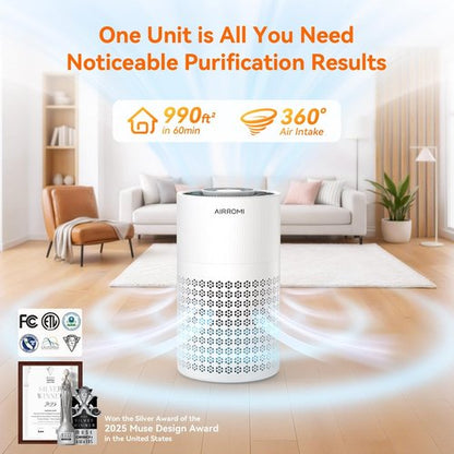 AIRROMI Air Purifier - HEPA 3-in-1 Filter for Bedroom | Covers Up to 990 Ft² - Quiet 360° Air Cleaner in White