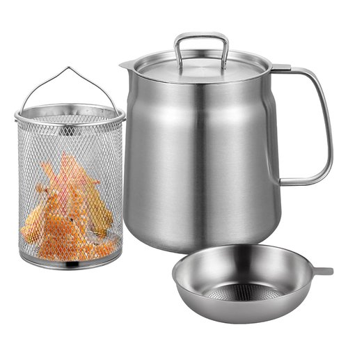 Rose and Teddy Stainless Steel Fryer, Stainless Steel 304 Oil Filter Pot with Basket, Compatible with Gas Stoves & Induction Cookers, for Seafood, Chicken, French Fries (2L/68oz)
