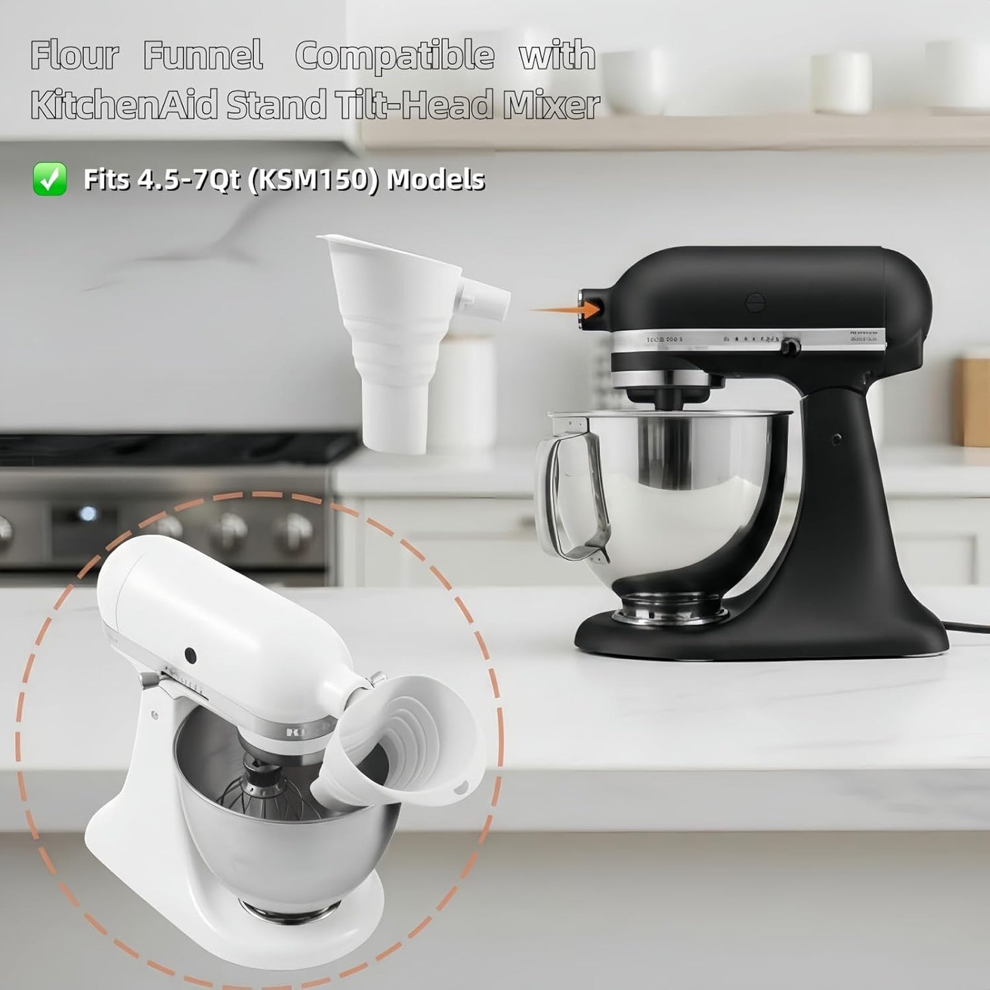 Skiennix Foldable Silicone Flour Funnel - No-Mess & Anti-Splash Kitchen Gadget | Fits 4.5-5Qt Mixers (White)