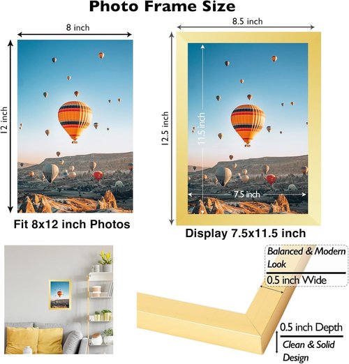 JCJMY 8x12 Gold Picture Frame - Wall Mount or Tabletop Display with Shatter-Resistant Plexiglass