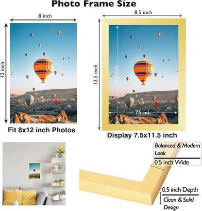 JCJMY 8x12 Gold Picture Frame - Wall Mount or Tabletop Display with Shatter-Resistant Plexiglass