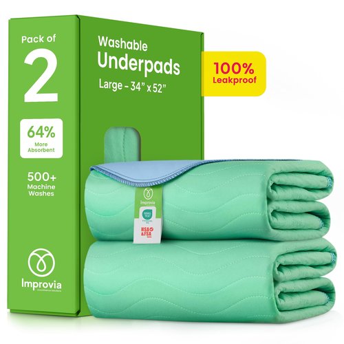 IMPROVIA® Washable Underpads, 34" x 52" (Pack of 2) - Heavy Absorbency Reusable Incontinence Pads for Kids, Adults, Elderly, and Pets - Waterproof Protective Pad for Bed, Couch, Sofa, Furniture, Floor