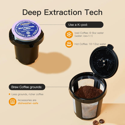 Mini Coffee Maker by [Brand Name] - Hot & Iced Single Serve for K-Cup & Ground Coffee | 6-14 Oz Brew Sizes, Classic Black
