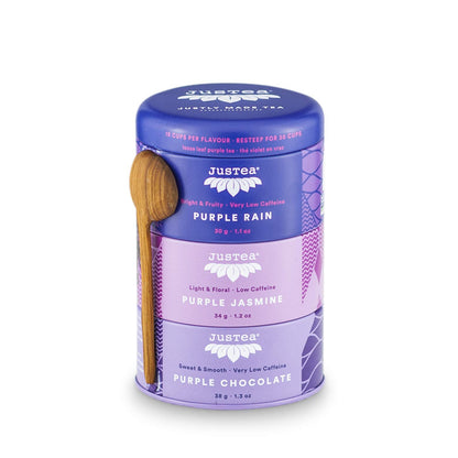 JusTea Purple Tea Trio | Stacking Tins Variety Pack with Hand Carved Tea Spoon | Loose Leaf Tea | Very Low Caffeine | Fair Trade | Non-GMO