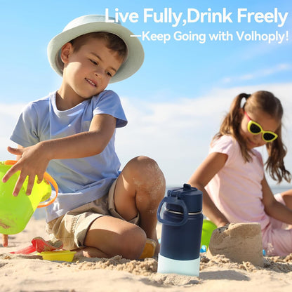 Volhoply 14oz Kids Stainless Steel Insulated Water Bottle - Leakproof Straw Lid, BPA-Free | Blue Green
