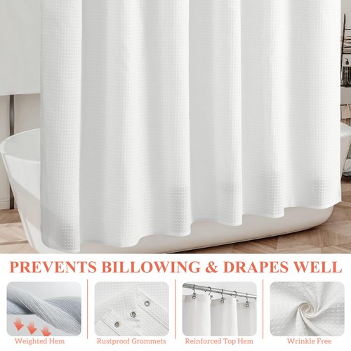 Barossa Design Waffle Weave White Shower Curtain Hotel Luxury Quality, Fabric Shower Curtains for Bathroom, Pique Pattern Cloth, Water Repellent and Machine Washable, Standard Size 71" x 72"
