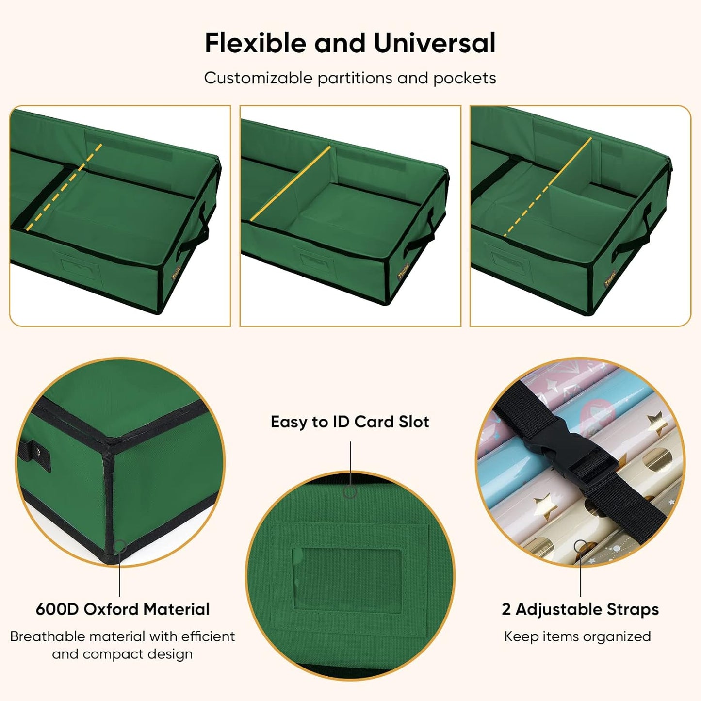 BALEINE Gift Wrap Storage Organizer - 40" Durable 600D Oxford Fabric Bag with Flexible Partitions | Green