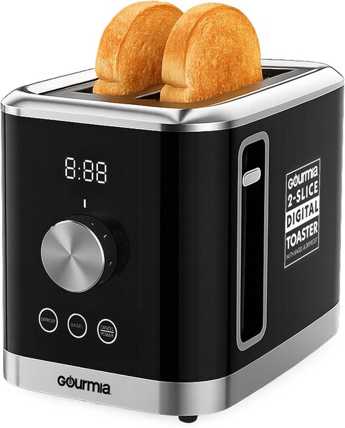Gourmia 2 Slice Toaster - Extra Wide Slots, 6 Browning Levels & One-Touch Toasting | Compact Black Design
