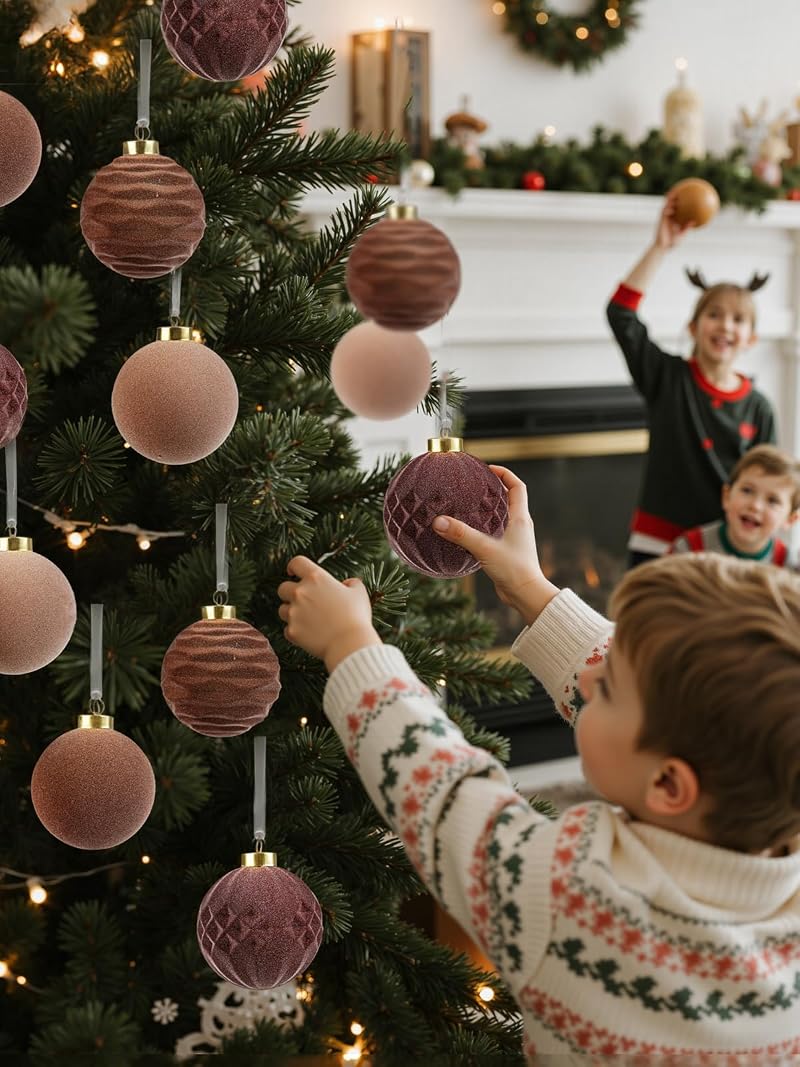 Brown Velvet Christmas Ornaments 3.15in - 12 Pcs Shatterproof, Neutral Round Balls (Variation: Brown+3.15inch)