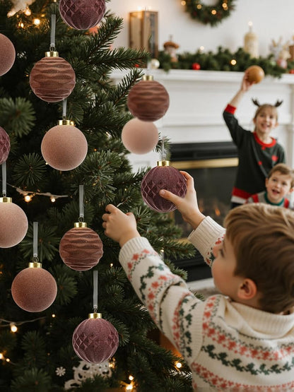 Brown Velvet Christmas Ornaments 3.15in - 12 Pcs Shatterproof, Neutral Round Balls (Variation: Brown+3.15inch)