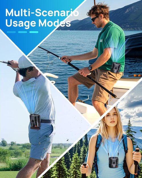 DeeKom Portable Personal Waist Fan& Neck Fan, 14000RPM Brushless Motor, 40H Runtime Rechargeable, 6-Speed Quiet Operation, Clip-On Personal Body Cooling for Camping/Worksites/Outdoor