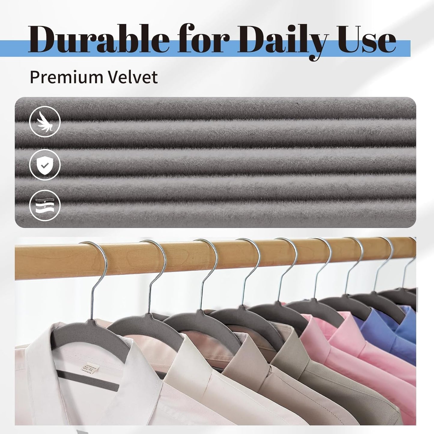 Smartor Grey Velvet Hangers - 20 Pack Heavy-Duty Non-Slip Clothes Hangers with Tie Bar & Shoulder Notches