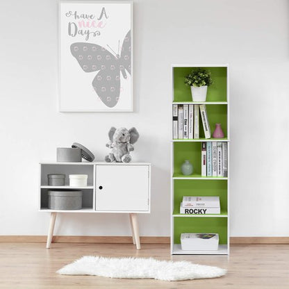 Furinno LUDER Book Shelf, 5-Tier Bookshelf, Bookcase with Open Shelves, 9.4 x 15.8 x 52, Easy Assembly, for Living Room, Bedroom, Home Office, White/Green