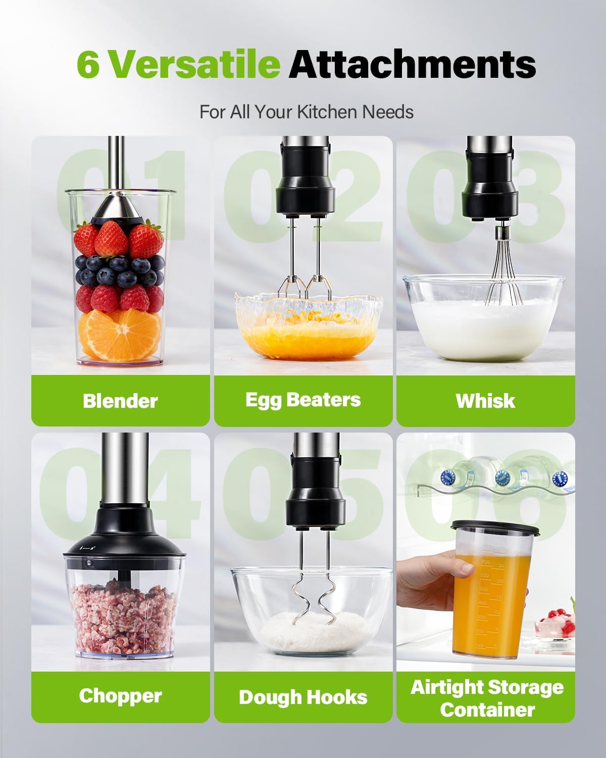 Skiennix 6-in-1 Immersion Blender - 1000W Hand Mixer with 20 Speeds, Whisk, Chopper & More | Heavy Duty, Black