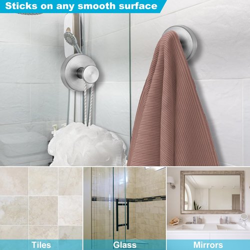 AUGLEAF Suction Cup Hooks for Shower, Towel Hooks for Bathroom, Kitchen, Glass Door, Mirror, Tile, – Loofah, Towel, Bath Robe Hooks for Hanging up to 15 lbs, Brushed Silver (2 Pack)