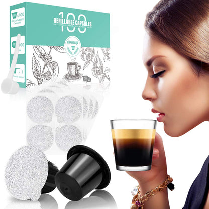 CAPMESSO Reusable Espresso Capsules -Refillable Capsule Coffee Pods Filters Reusable 200 Times Compatible with Nespresso Original Line Machines (Black, 100 Pods+100 Lids+Scoop1)