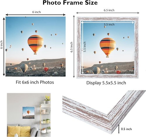 JCJMY 6x6 Picture Frame - Rustic White Wall Mount & Tabletop Display | Shatter-Resistant Plexiglass