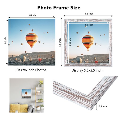 JCJMY 6x6 Picture Frame for Wall Hanging or Tabletop, Wall Mounting Horizontally or Vertically, 6 x 6 Square Wall Gallery Poster Photo Frame with Shatter Resistant Plexiglass, Rustic White