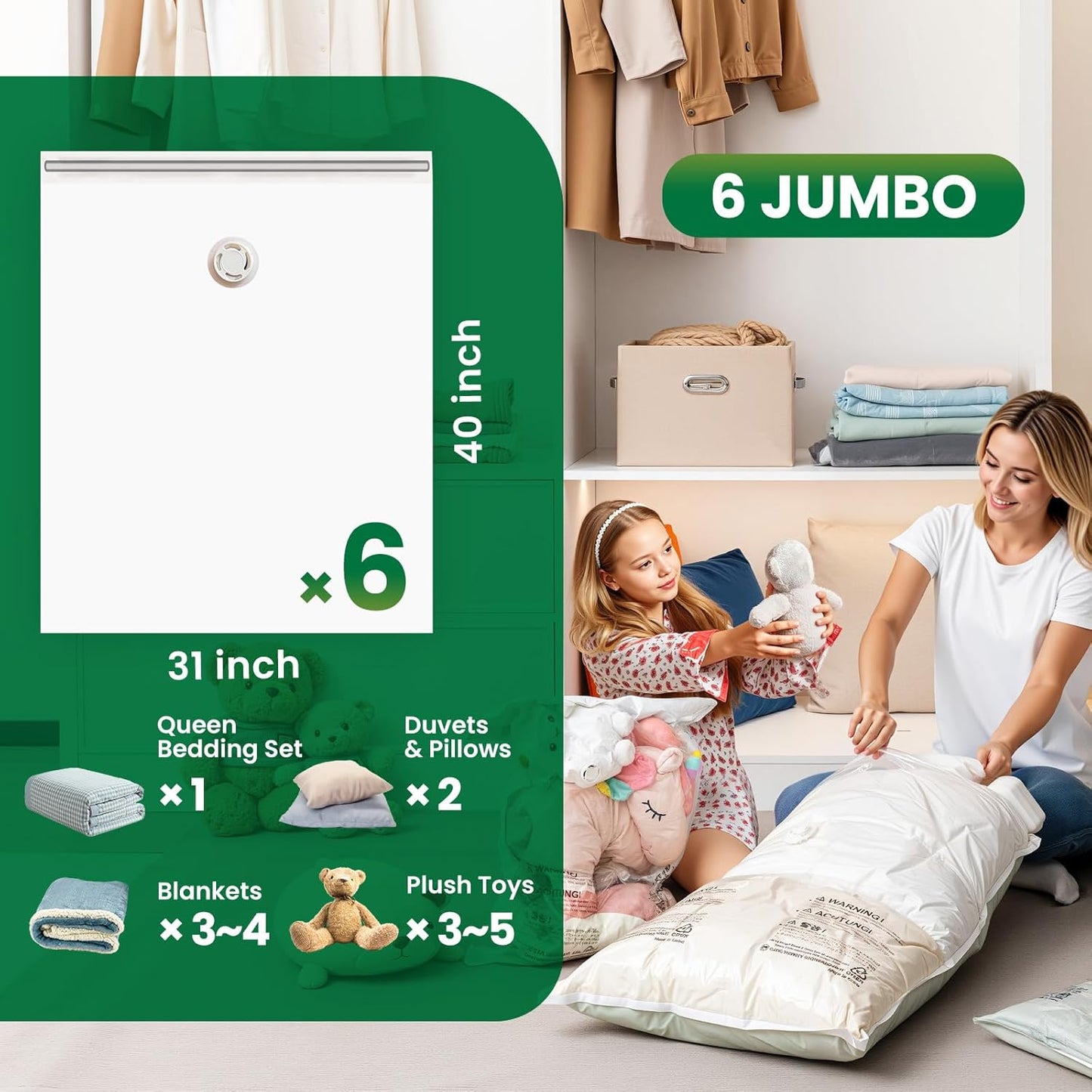 TAILI Jumbo Vacuum Storage Bags - 6 Pack Space-Saving Seal Bags for Clothing & Bedding (40x31 Inch)