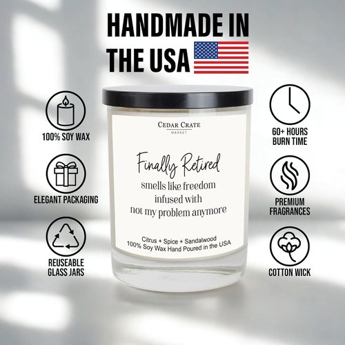 Cedar Crate Market - Retirement Gift for Woman, Men - Finally Retired Soy Wax Candle,Caribbean Retreat Scented, 60 Hours Burn, Eco-Friendly Glass Jar, Farewell Presents for Coworkers - Made in USA