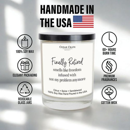 Cedar Crate Market - Retirement Gift for Woman, Men - Finally Retired Soy Wax Candle,Caribbean Retreat Scented, 60 Hours Burn, Eco-Friendly Glass Jar, Farewell Presents for Coworkers - Made in USA