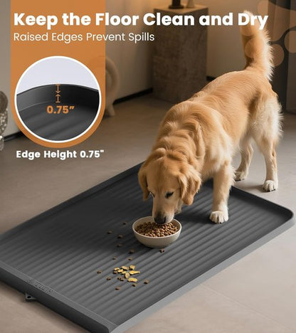 Dog Food Mat - Waterproof Non-Slip Feeding Mat with Raised Edges | 36"x24" Easy to Clean Grey