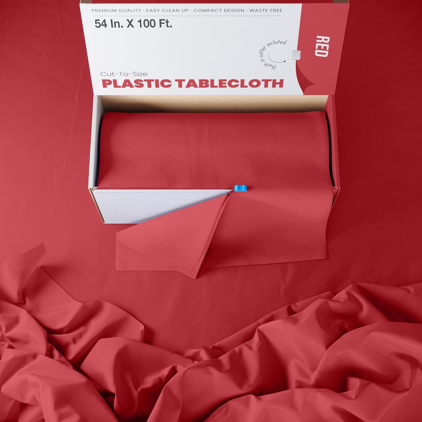 Party Solids Red Plastic Table Cover Roll - 54 Inch x 100 Feet with Slide Cutter | Cuts Up to 12 Tables